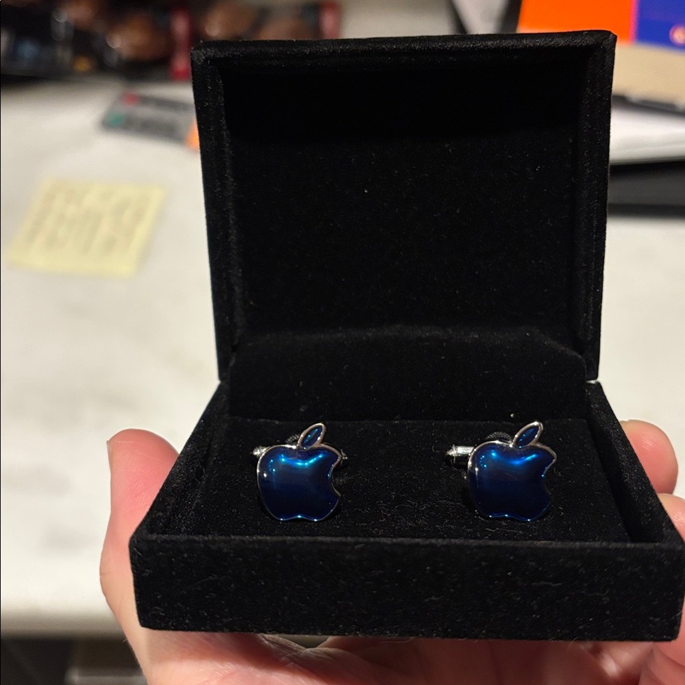 Apple Logo Cufflinks in Blue and Silver - Picture 6 of 6